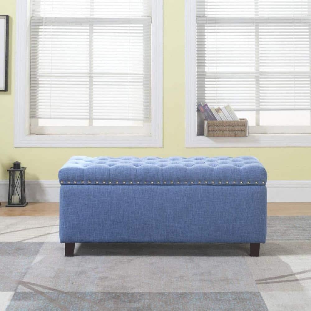 Nathaniel Home, Modern Storage Ottomans, Rectangular Ottomans with Storage, Nailhead Trim Ottomans, Upholstered Ottoman Coffee Table for Bedroom Blue