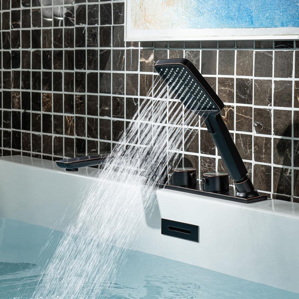 Widespread Deck Mount Roman Tub Faucet With Hand Shower, Two-Handle 4-Holes Bathtub Shower Faucet Set