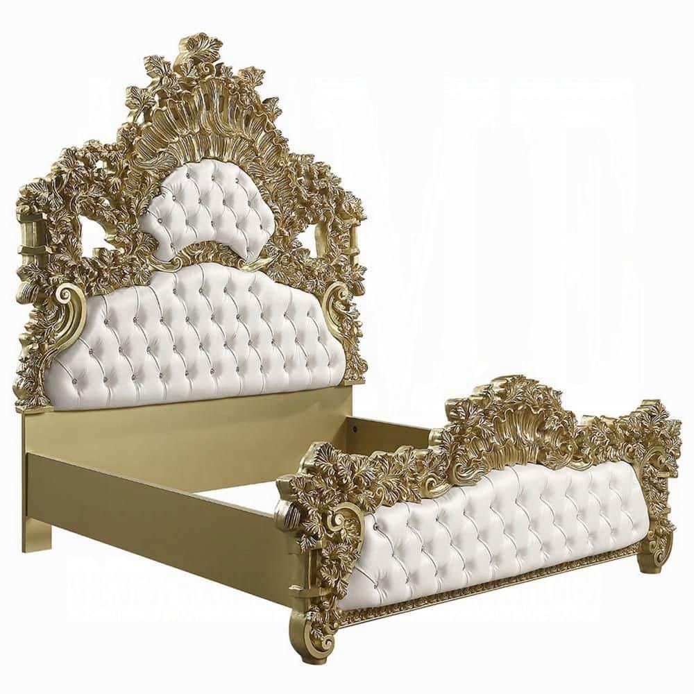 Benjara Rexx King Bed, White Faux Leather Victorian Carved, Classic Gold Wood