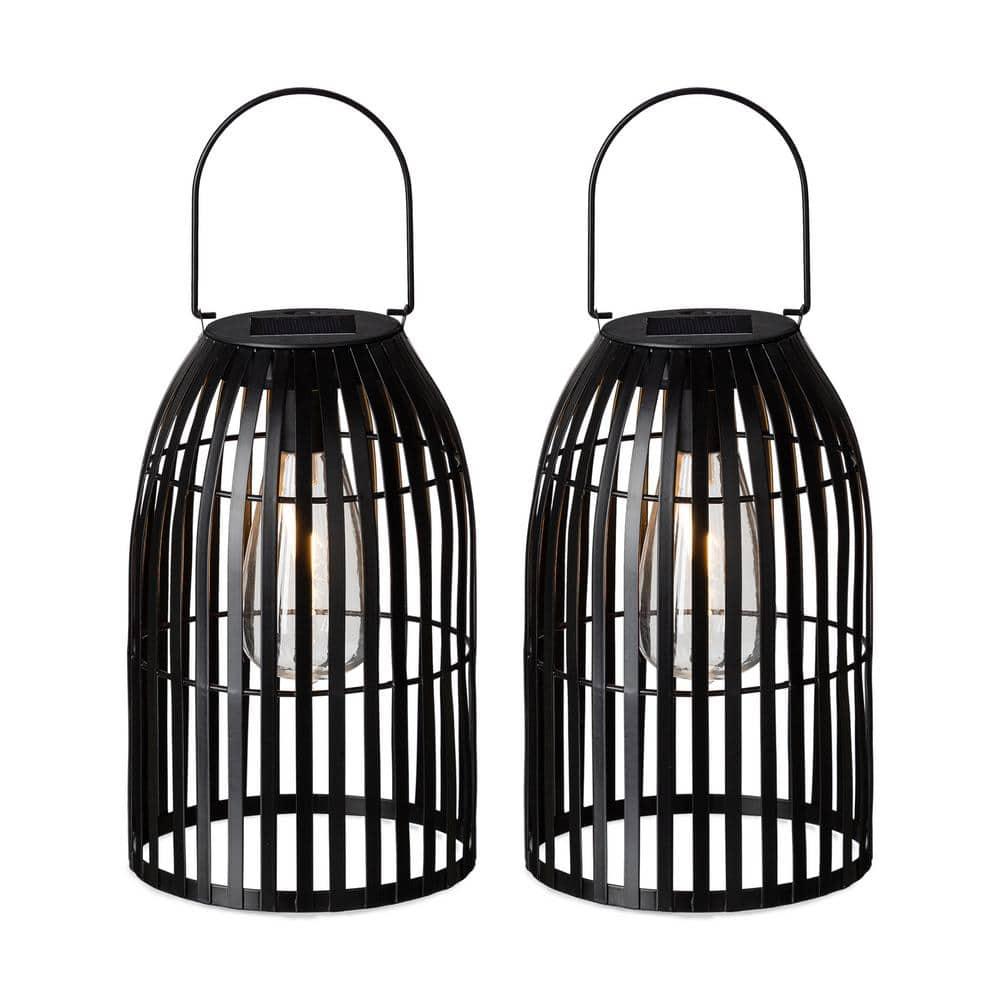 9.75" Black Metal Solar Powered Outdoor Hanging Lantern Set