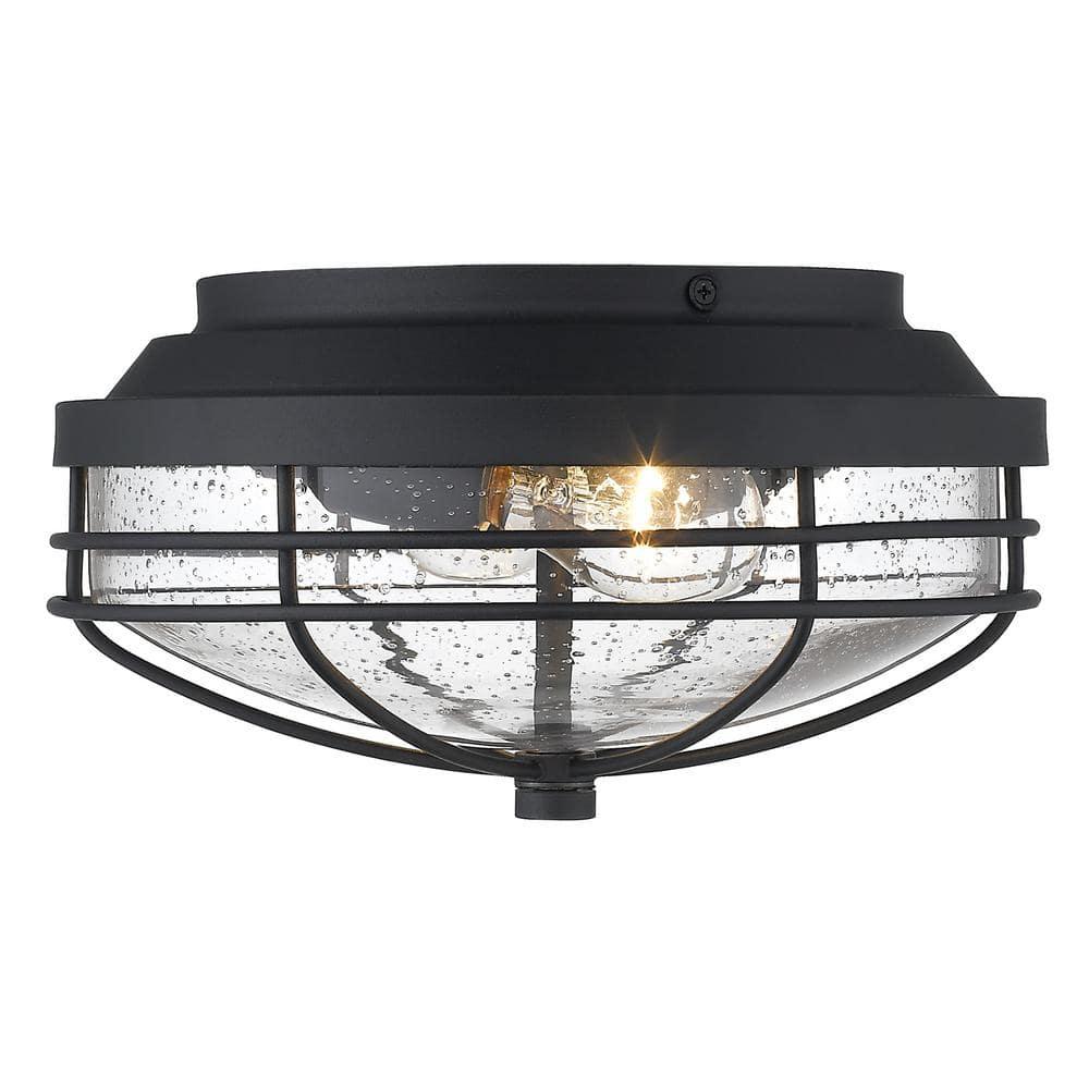 Golden Lighting Seaport 2-Light Outdoor Flush Mount in Natural Black with Seeded Glass