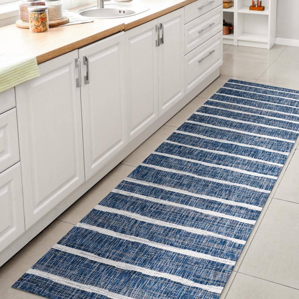 2'x10' Colonia Berber Stripe Indoor/Outdoor Runner Rug, Blue/Ivory - JONATHAN Y