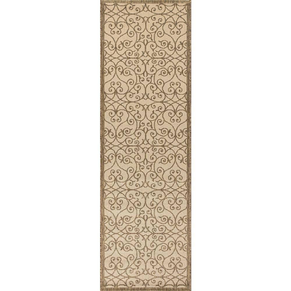 2'x8' Madrid Vintage Filigree Textured Weave Indoor/Outdoor Runner Rug, Beige/Brown - JONATHAN Y