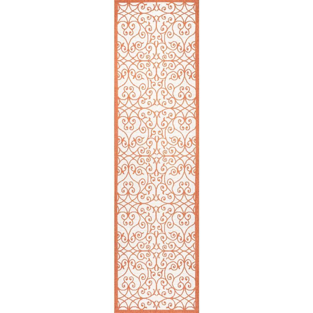 2' x 10' Madrid Vintage Filigree Textured Weave Indoor/Outdoor Runner Rug, Cream/Orange - JONATHAN Y