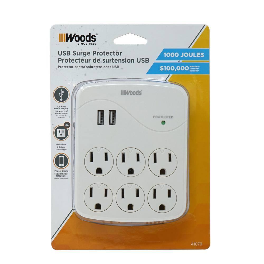 Woods 41076 Surge Protector with 6 Power, 6-Outlet 1440J of Protection
