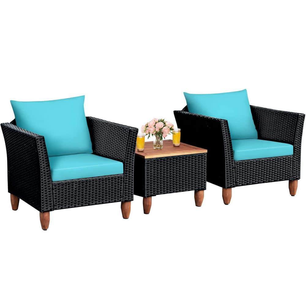 Tangkula 3PCS Patio Rattan Conversation Set Outdoor Furniture Set w/ Turquoise Cushions