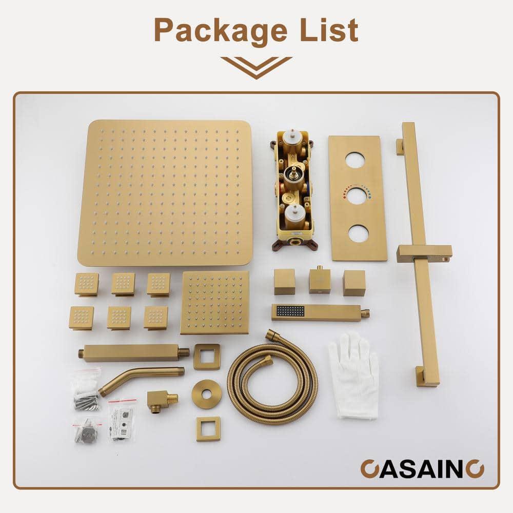 CASAINC Rainfall Symphony 16inch Dual Shower Head Rainfall Thermostatic Shower System with 16-inch Slide Bar and Body spray KCHS0019-16BG