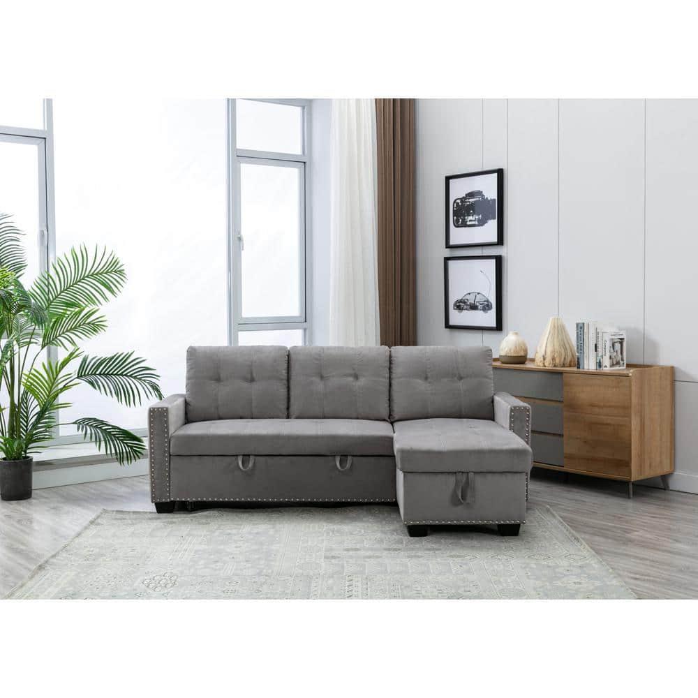 Bowery Hill Reversible Sleeper Sofa with Storage/USB Charging Port in Gray
