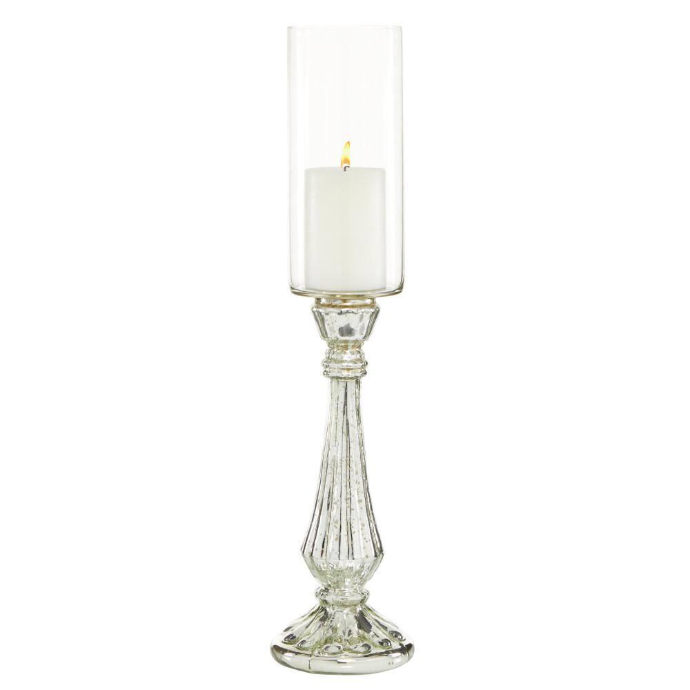 DecMode Silver Glass Handmade Turned Style Pillar Hurricane Lamp with Faux Mercury Glass Finish