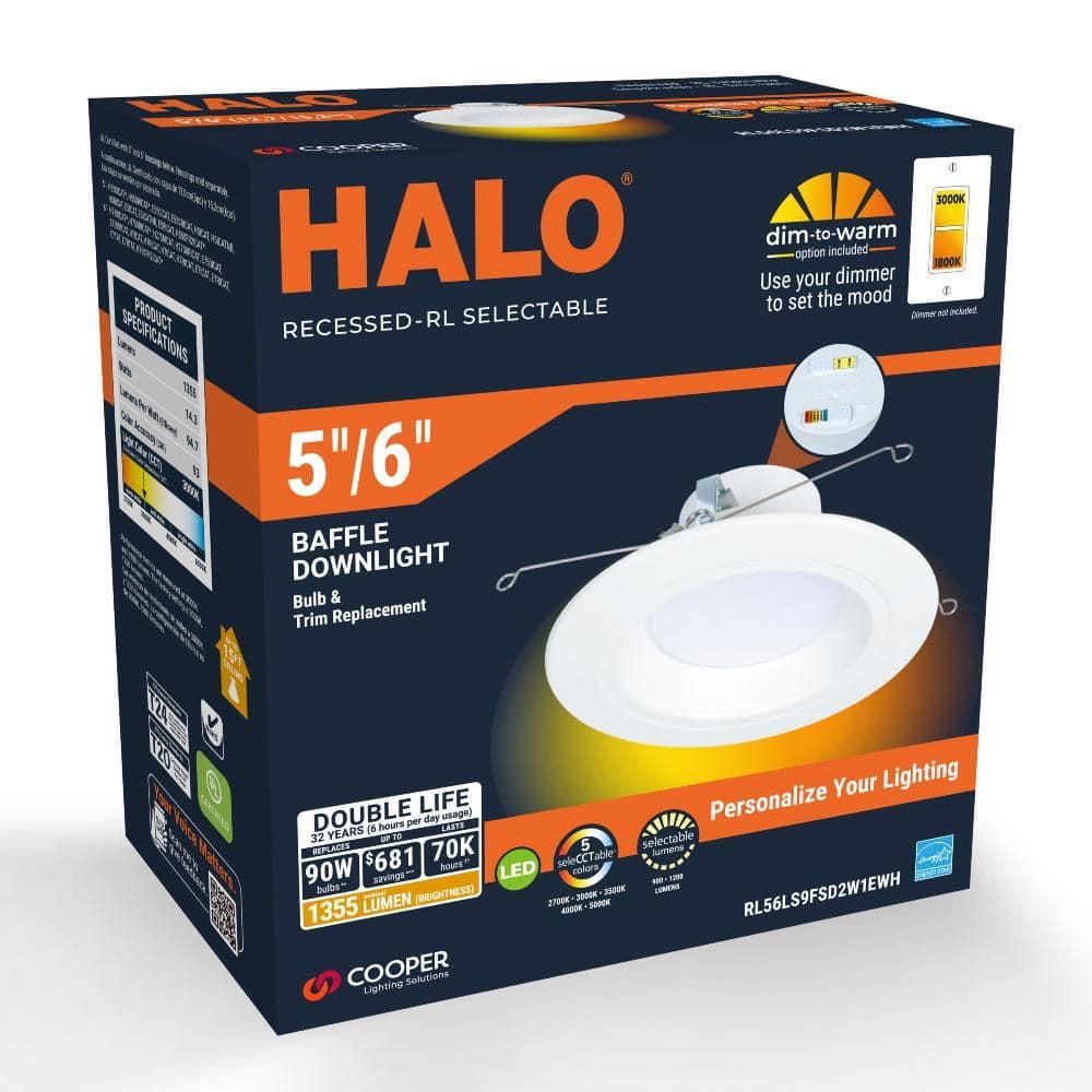 HALO RL Series 5/6 inch Recessed LED Retrofit Light, Selectable CCT 2700K-5000K Integrated LED, Dim to Warm, White Retrofit Baffle Trim, 600 Lumens