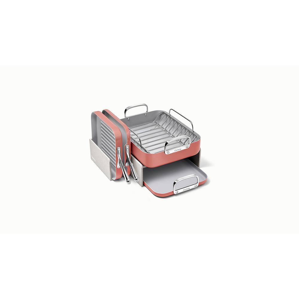 Caraway Home 7pc Square Cookware Set Perracotta: Nonstick Ceramic, Griddle Pans, Roasting Pan, Pot Lid Organizer