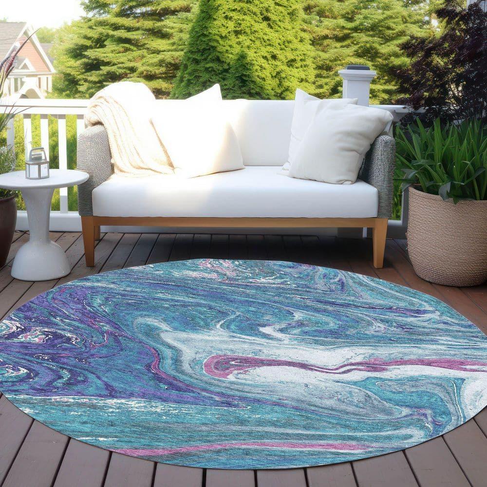 Addison Rugs Chantille Indoor/Outdoor Transitional Geometric, Abstract Teal Washable Round Rug, 8' x 8'