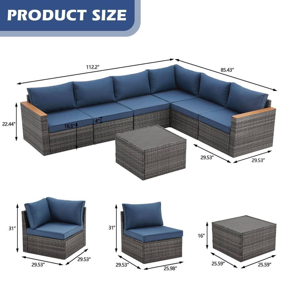 Decksplore 7 Piece Outdoor Furniture Set, 7 Pieces Outdoor Rattan Sectional Sofa Set with Glass Table and Cushions, Wicker Patio Conversation Set for Outdoor Indoor Backyard Lawn Garden Porch Blue