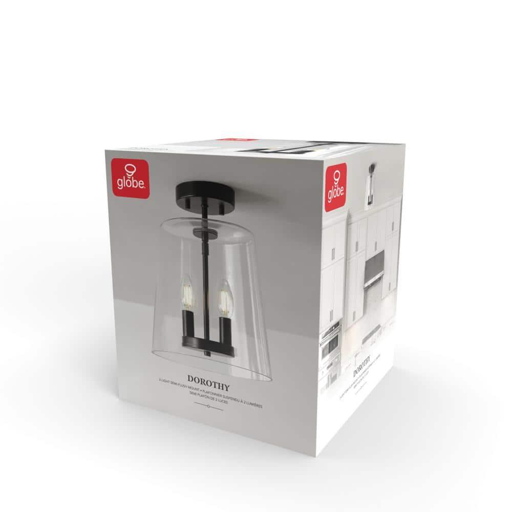 GLOBE Electric 66000083 2-Light Semi-Flush Mount Ceiling Light, Matte Black, Glass Shade, E12 Base Sockets, Ceiling Light Fixture, Home Improvement, Bedroom Lights for Ceiling, Dining Light Fixture