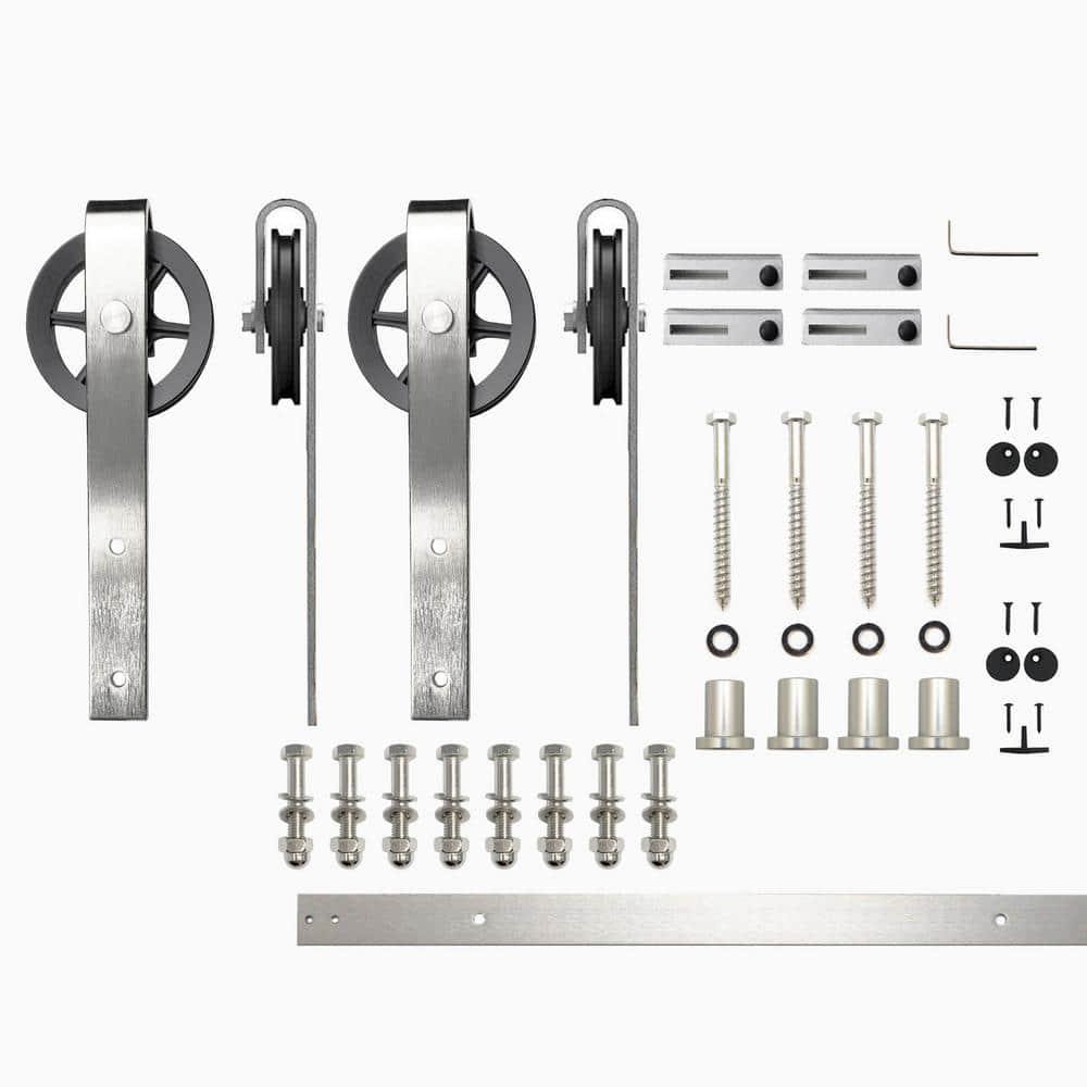 Homacer Brushed Nickel Sliding Barn Door Hardware Kit, for Two/Double Doors, 5ft Long Flat Track, Spoke Wheel Design Roller, Heavy Duty, for Interior & Exterior Use