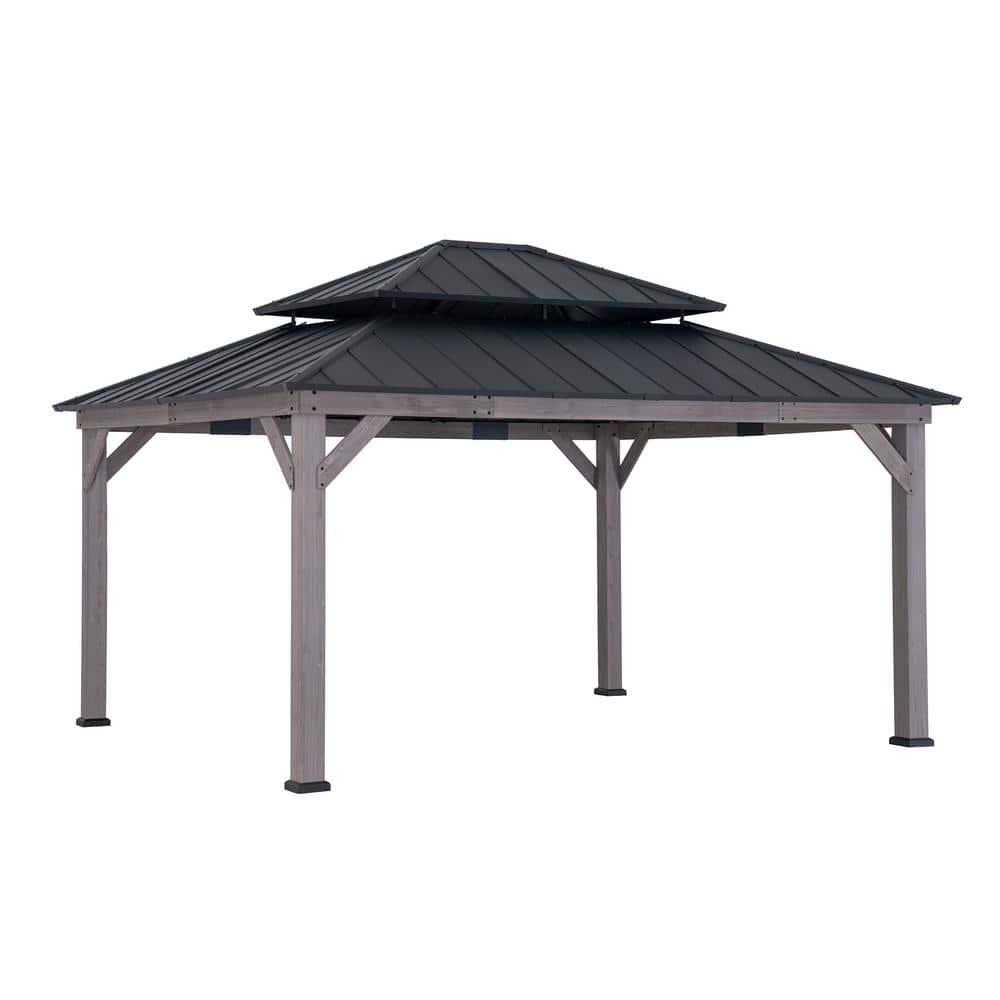 Sunjoy Sunjoy 13 x 15 ft. Wood Gazebo, Outdoor Patio Steel Hardtop Gazebo, Cedar Framed Wooden Gazebo with 2-Tier Metal Roof, Suitable for Patios, Lawn and Backyard