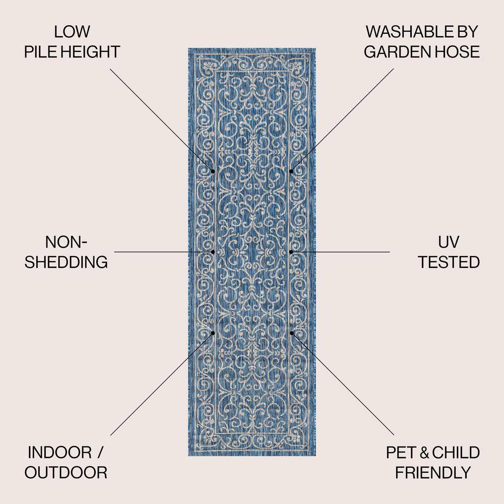 2'x8' Charleston Vintage Filigree Textured Weave Indoor/Outdoor Runner Rug, Navy/Gray - JONATHAN Y