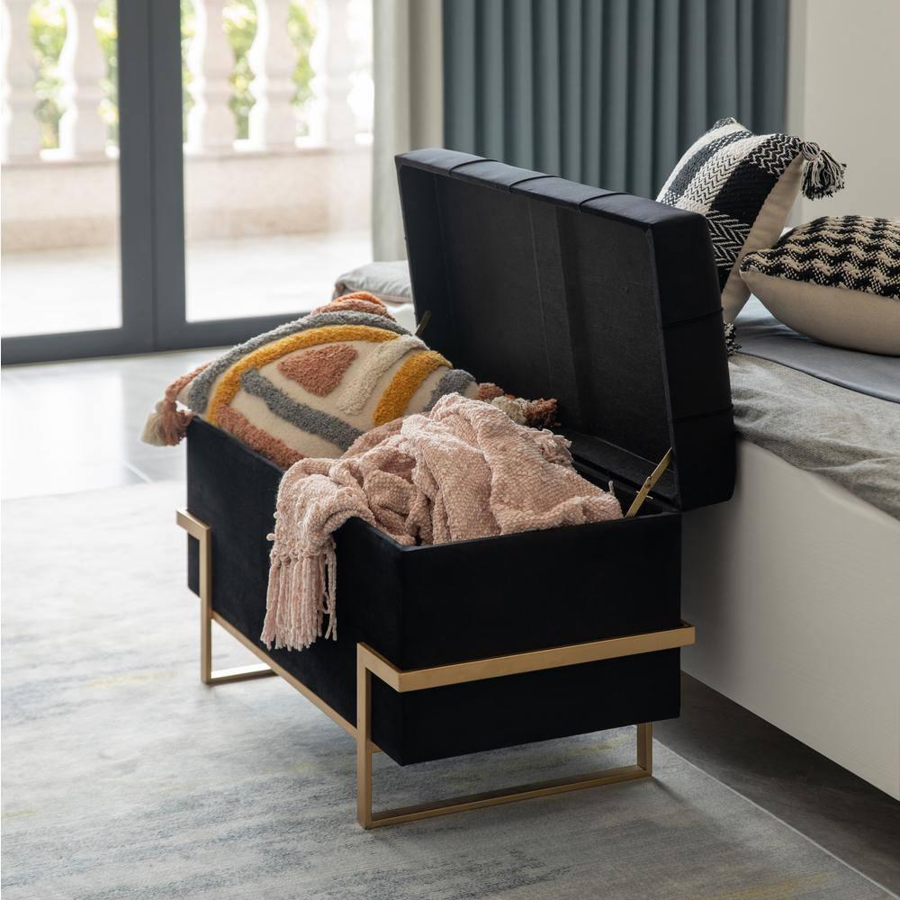 Fabulaxe Rectangle Velvet Storage Ottoman with Abstract Golden Legs | Sitting Bench for Living Room Home Decor with Unique Base Support (Black Large)