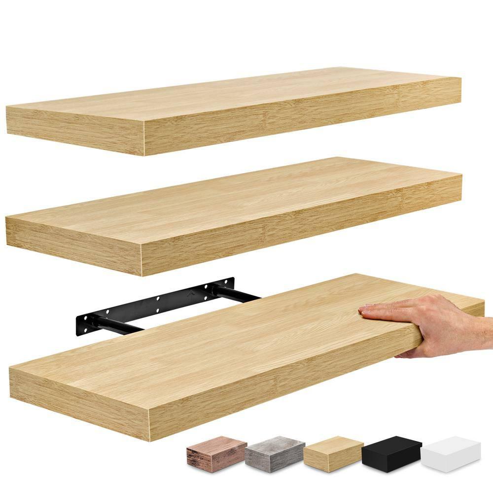 Set of 3 (24"x9") Sorbus Rectangle Floating Shelves with Invisible Brackets - for Bedroom, Kitchen Decor, Bathroom Shelves (Maple)