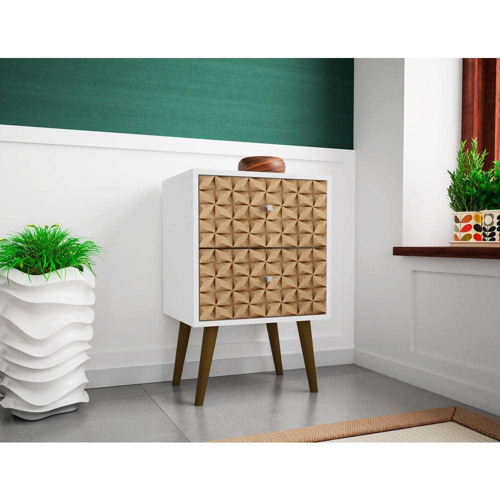 Liberty 2.0 Mid Century Modern Nightstand White/Walnut - Manhattan Comfort: Bedside Table with Storage
