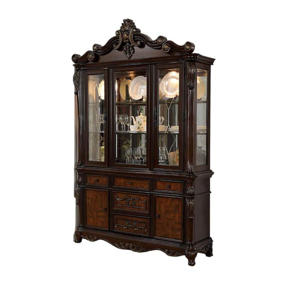 Benjara Zenie Buffet Cabinet and Hutch, Classic Carved, Cherry Brown Solid Wood
