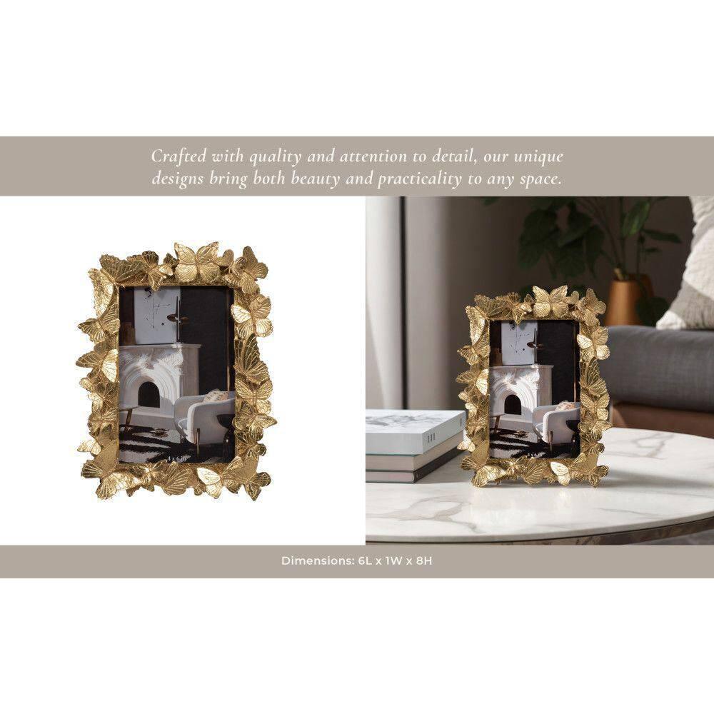 Sagebrook Home Vintage Inspired 4x6 Gold Polyresin and Glass Photo Frame with Butterflies Decor