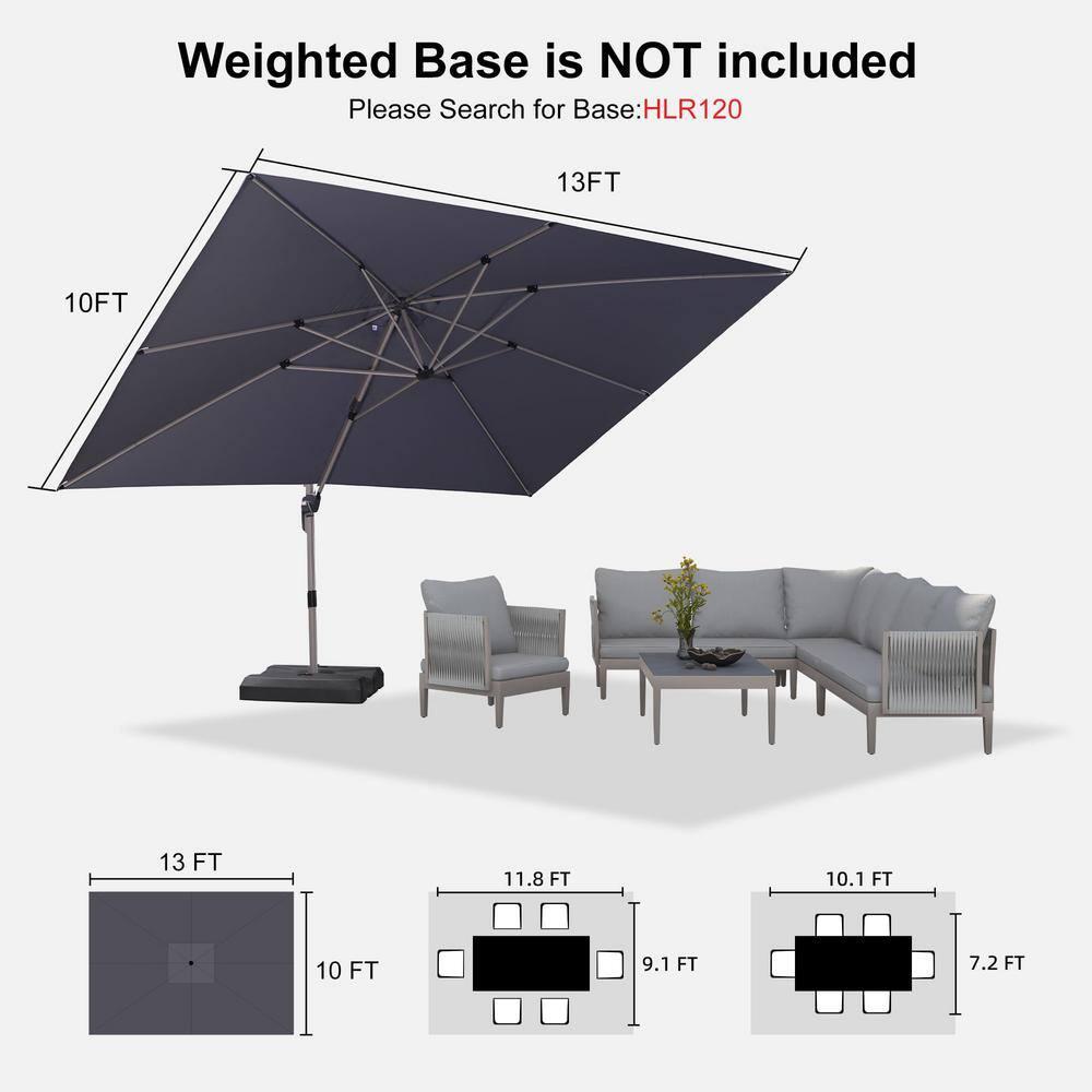 PURPLE LEAF 10' X 13' Patio Umbrella, Rectangle Outdoor Cantilever Umbrella, Aluminum Offset Umbrella with Champagne Frame and 360° Rotation for Pool Deck Garden, Light Grey