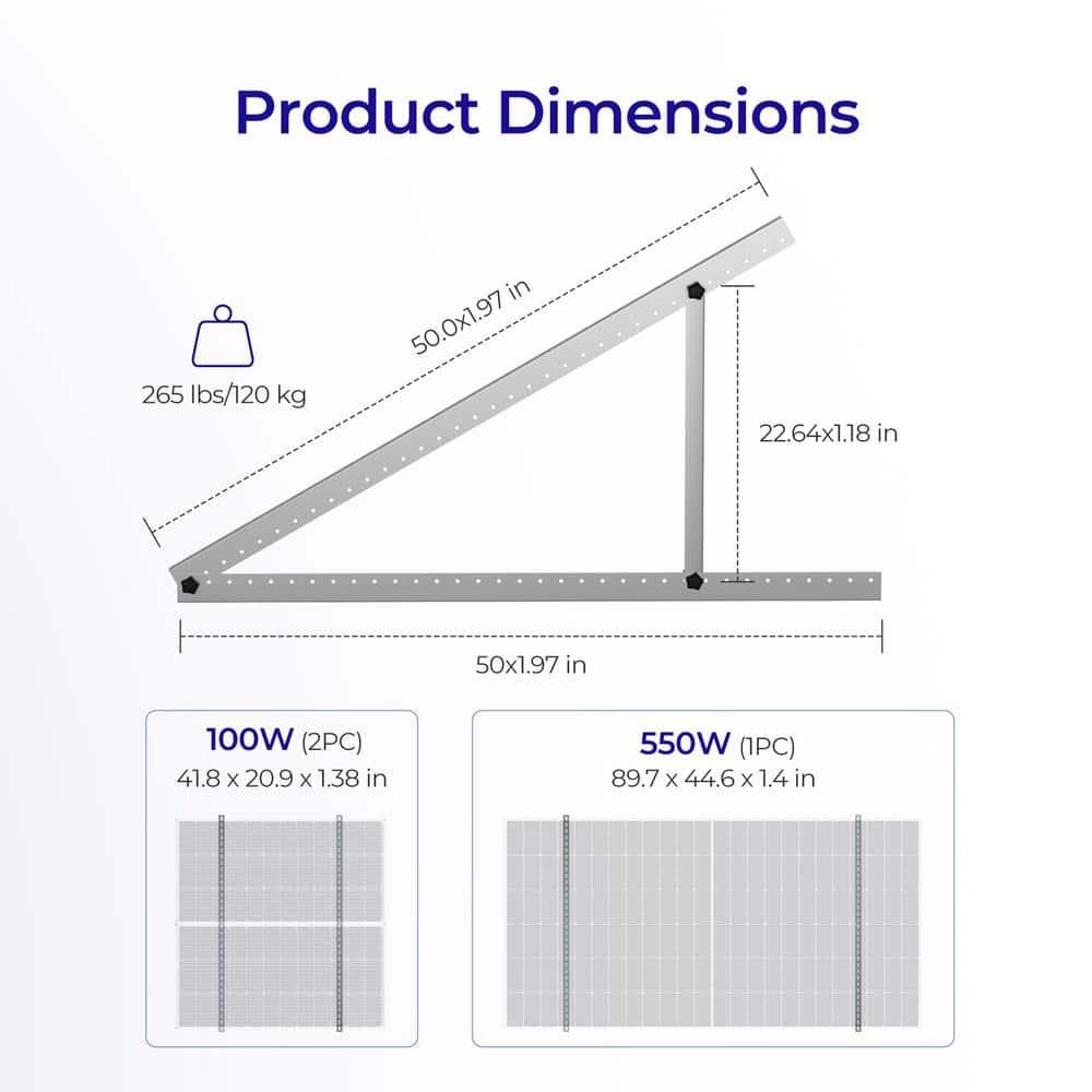 Renogy 50in Adjustable Solar Panel Mount Brackets with Foldable Tilt Legs on Any Flat Surface for RV, Roof, Boat, Any Off-Grid Systems