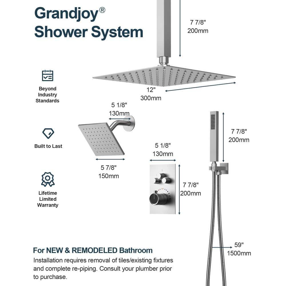 GRANDJOY Dual Wall Mount Rainfall Shower Head System Luxury Adjustable 12 inch & 6 inch Shower Faucet Set with Handheld Shower Spray Thermostatic Pressure Balance Value, Brushed Nickel