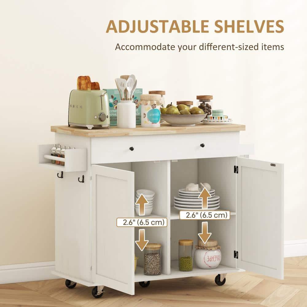HOMCOM Rolling Kitchen Island with Storage Drawer, Wood Breakfast Bar Kitchen Island Cart 2 Doors, Spice Rack, Towel Racks and 2 Hooks, White