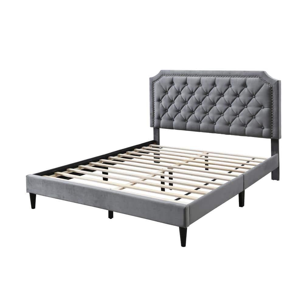 Urban Home Furniture Ava Plush Velvet Tufted Buttoned Upholstered Headboard Clipped Edge Nailhead Decorated Platform Bed Frame with Wood Slats Support Legs Queen - Charcoal Grey