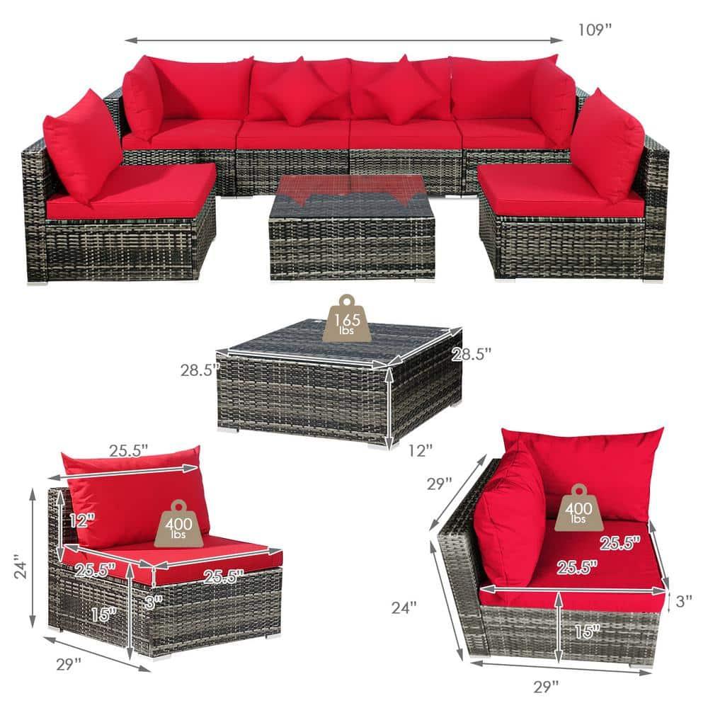 YYAo Garden Conversation Table Set, Conversation Loveseat Chairs Set,7 Pieces Patio Rattan Furniture Set Sectional Sofa Garden Cushion-Red