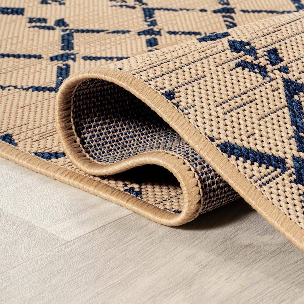 5' Round Ourika Moroccan Geometric Textured Weave Indoor/Outdoor Area Rug, Beige/Navy - JONATHAN Y
