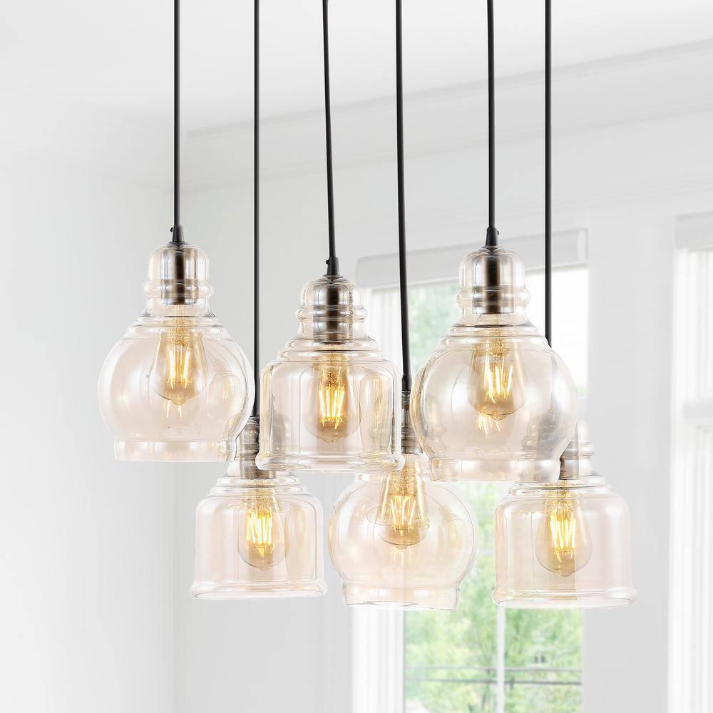 Sydney 18.88" 6-Light Bohemian Farmhouse Iron/Glass Cluster LED Pendant, Nickel/Champagne