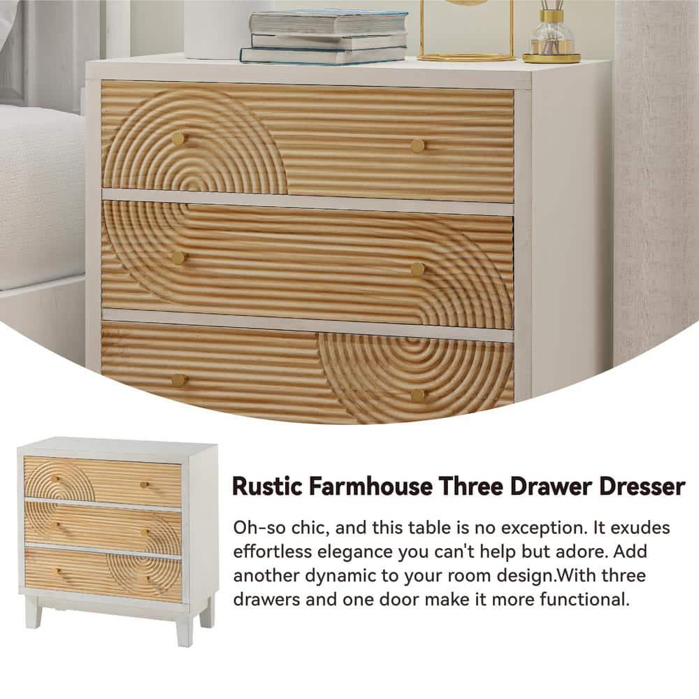 COZAYH 3-Drawer Farmhouse Dresser with Handicraft Wood Ring Motif, Fully Assembled Nightstand Wooden Finish for Boho, Mid-century, Rustic Style