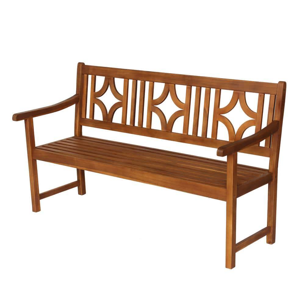 Sloane 3-Seat Ogee Diamond-Back Acacia Wood Outdoor Garden Patio Bench, Teak - JONATHAN Y
