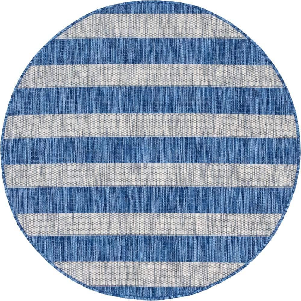 Unique Loom 4' 1 x 4' 1 Round Indoor/Outdoor Striped Blue Area Rug