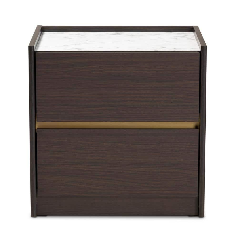 Walker Wood Nightstand: Faux Marble Top, Gold Accents, 2 Drawers - Baxton Studio