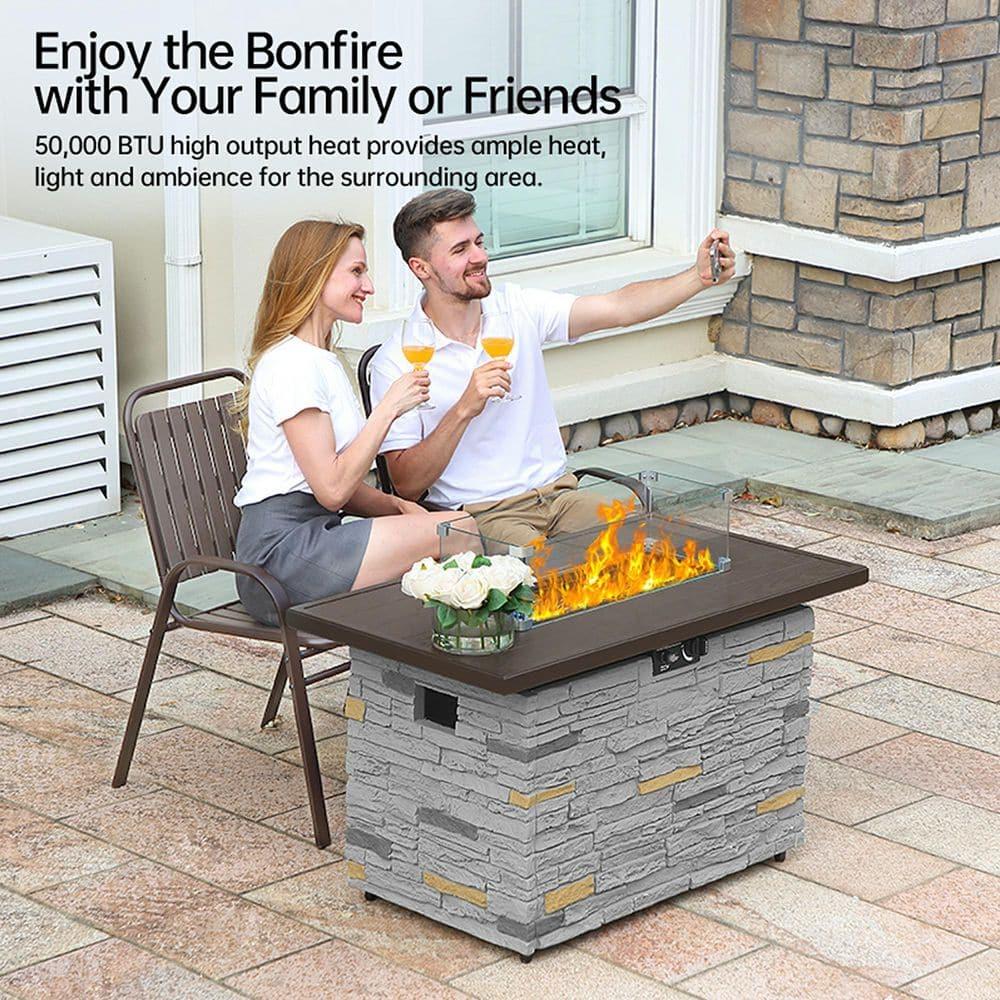 43" Propane Fire Pit Table Outdoor Rectangular Stone Firepit Table 50000 Btu Propane Fire Tables for Outside Patio with Glass Wind Guard, Lid, Fire Glass Beads, Pizzello Caldo (Gray Stone)