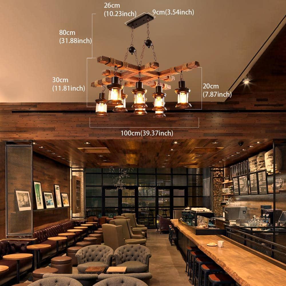 Rongfun 8-Light Rustic Country Chandelier Wood Pendant Lamp Industrial Ceiling Fixture