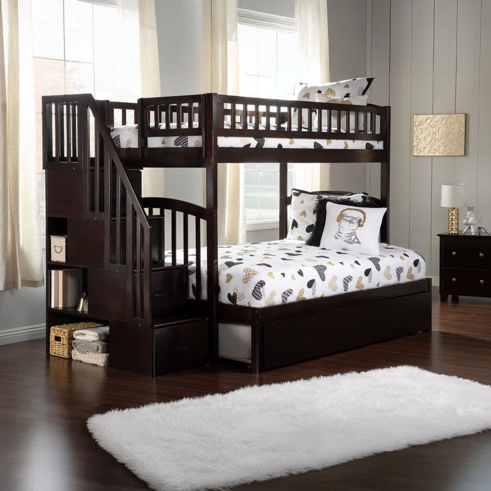 Westbrook Staircase Bunk Twin over Full with Full Size Urban Trundle Bed in Espresso