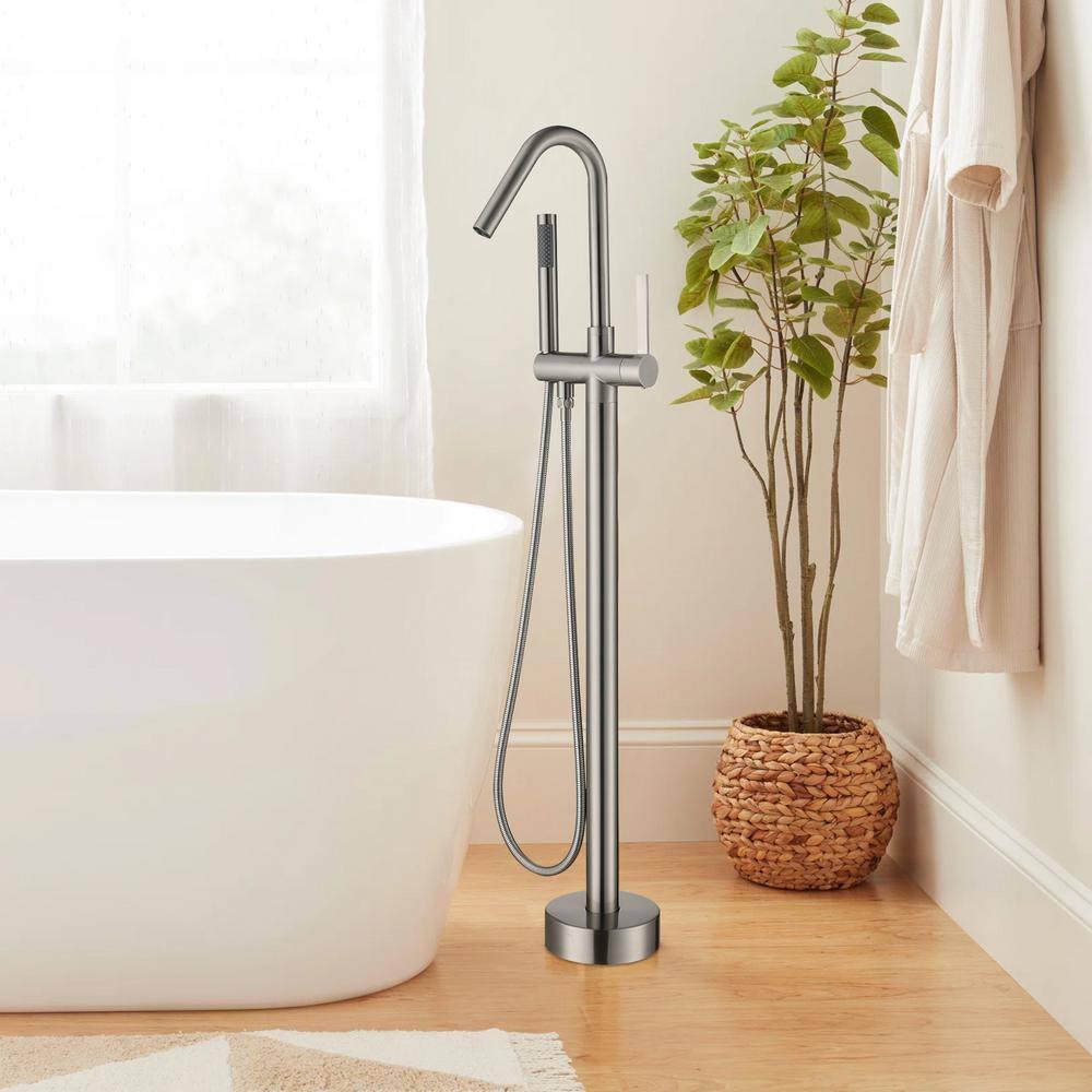 Double Handle Floor Mounted Freestanding Tub Filler With Handshower