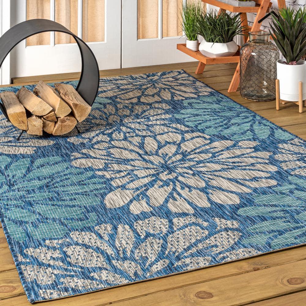 4'x6' Zinnia Modern Floral Textured Weave Indoor/Outdoor Area Rug, Navy/Aqua - JONATHAN Y