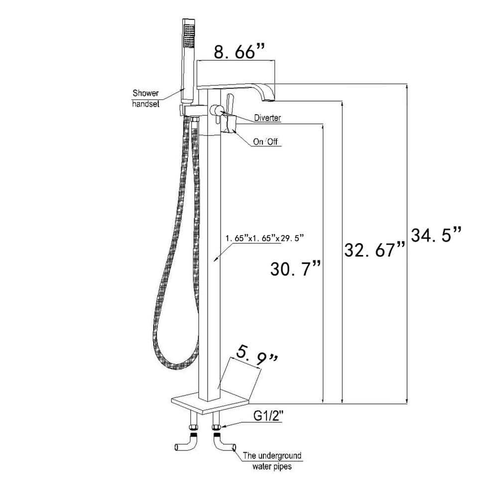 AKDY 34" Freestanding Bathtub Faucet Floor Mount Tub Filler Handheld Bath Wand Shower