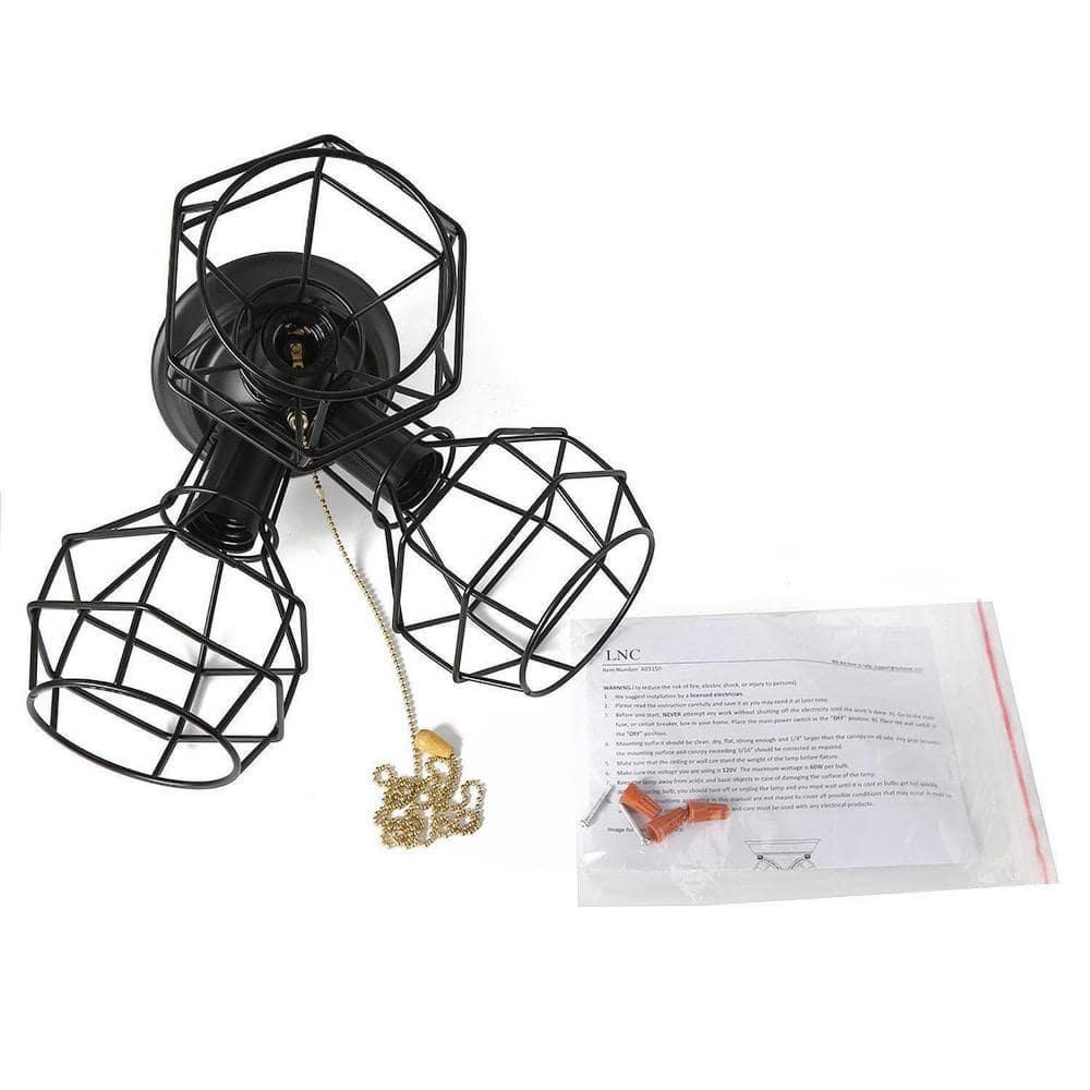 Industrial Flush Mount Ceiling Light, 15" Black 3-Light Fixture with Cage Shade & Pull Chain