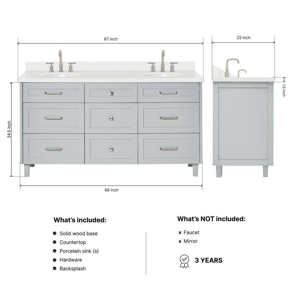 Ariel Bath Ariel Monrow 67 Inch Double Oval Sink Bathroom Vanity With Pure White Quartz Countertop