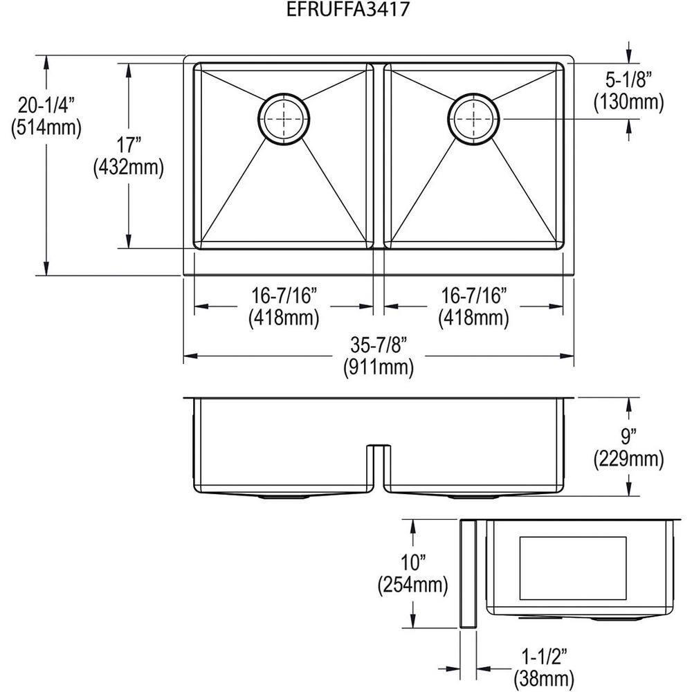 36" L x 20" W Double Basin Farmhouse Kitchen Sink