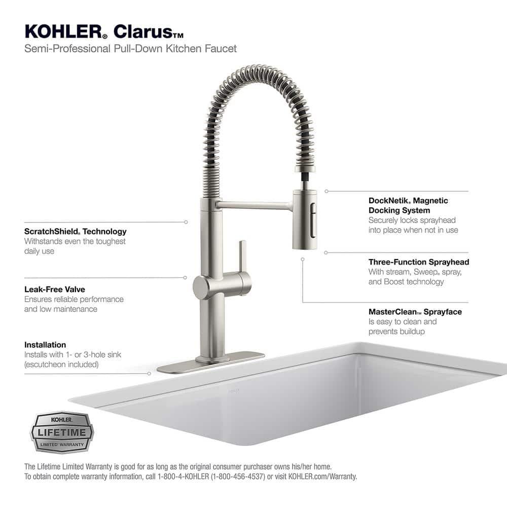 KOHLER Clarus Semi Professional Single Handle Pull Down Sprayer Kitchen Faucet in Vibrant Stainless