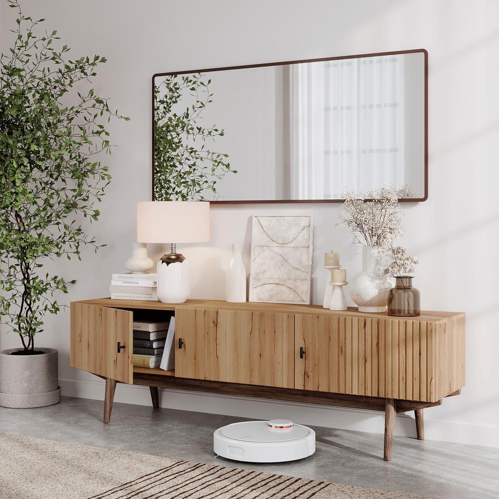 Living Skog  Chelsea Brown TV Stand Fits for TV's up to 65 in. with Slatted Design and Wood Legs light brown Matte Laminate