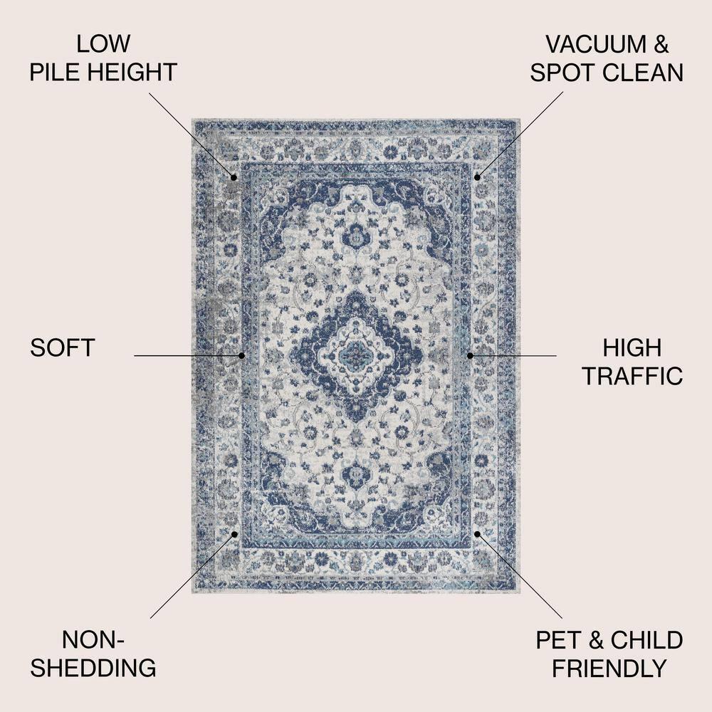 3'x 5' Indhira Ornate Medallion Persian Area Rug, Blue/Gray - JONATHAN Y